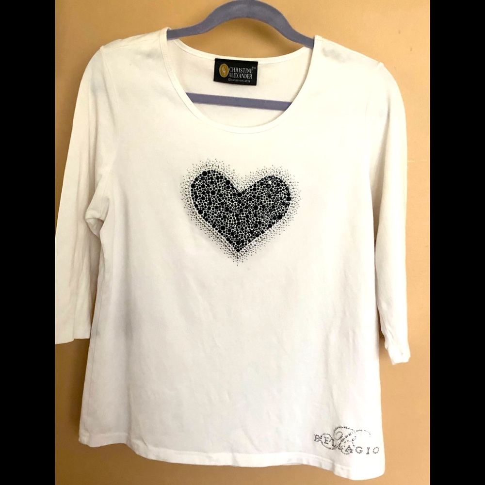 CHRISTINE ALEXANDER Crystal Scattered Trim Heart 3/4 Sleeve Tee. Size M